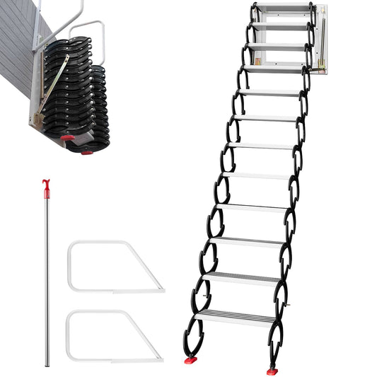 VEVOR Attic Ladder Pull Down, Wall-Mounted Folding Attic Stairs with Handrails, Retractable Loft Stairs Black Alloy Pull Down