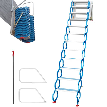 VEVOR Attic Ladder Pull Down, Wall-Mounted Folding Attic Stairs with Handrails, Retractable Loft Stairs Blue Alloy Pull Down