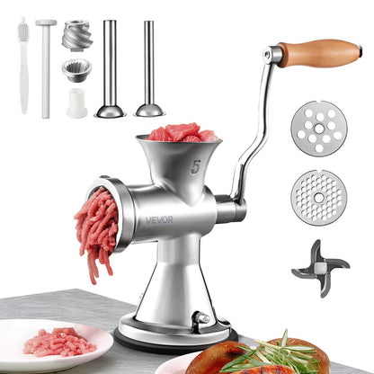 VEVOR Manual Meat Grinder, 304 Stainless Steel Hand Crank Meat Mincer and Sausage Maker with Grinding Plates for Beef, Pork, Chicken and Vegetables Chuck-type / # 5