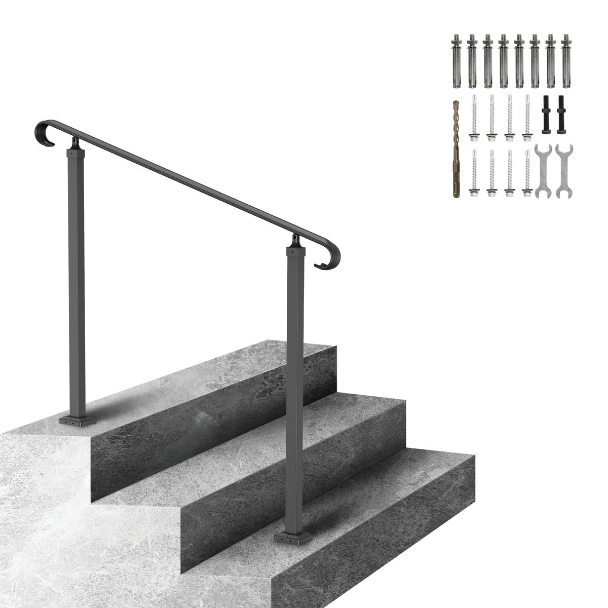 VEVOR Handrails for Outdoor Steps, Adjustable Stair Railing with Installation Kit for Concrete Steps, Wooden Stairs, Porch and Deck, Hand Rails for Seniors 2-3 Steps | 47 in Handrail