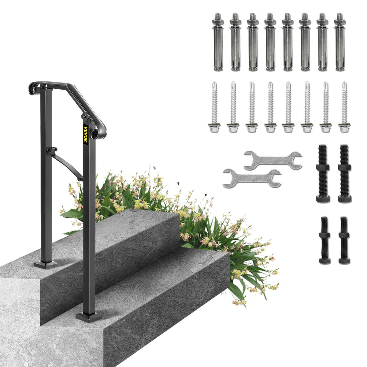 VEVOR Outdoor Stair Handrail, Black Wrought Iron, 1 to 5 Ste 1-2 Steps