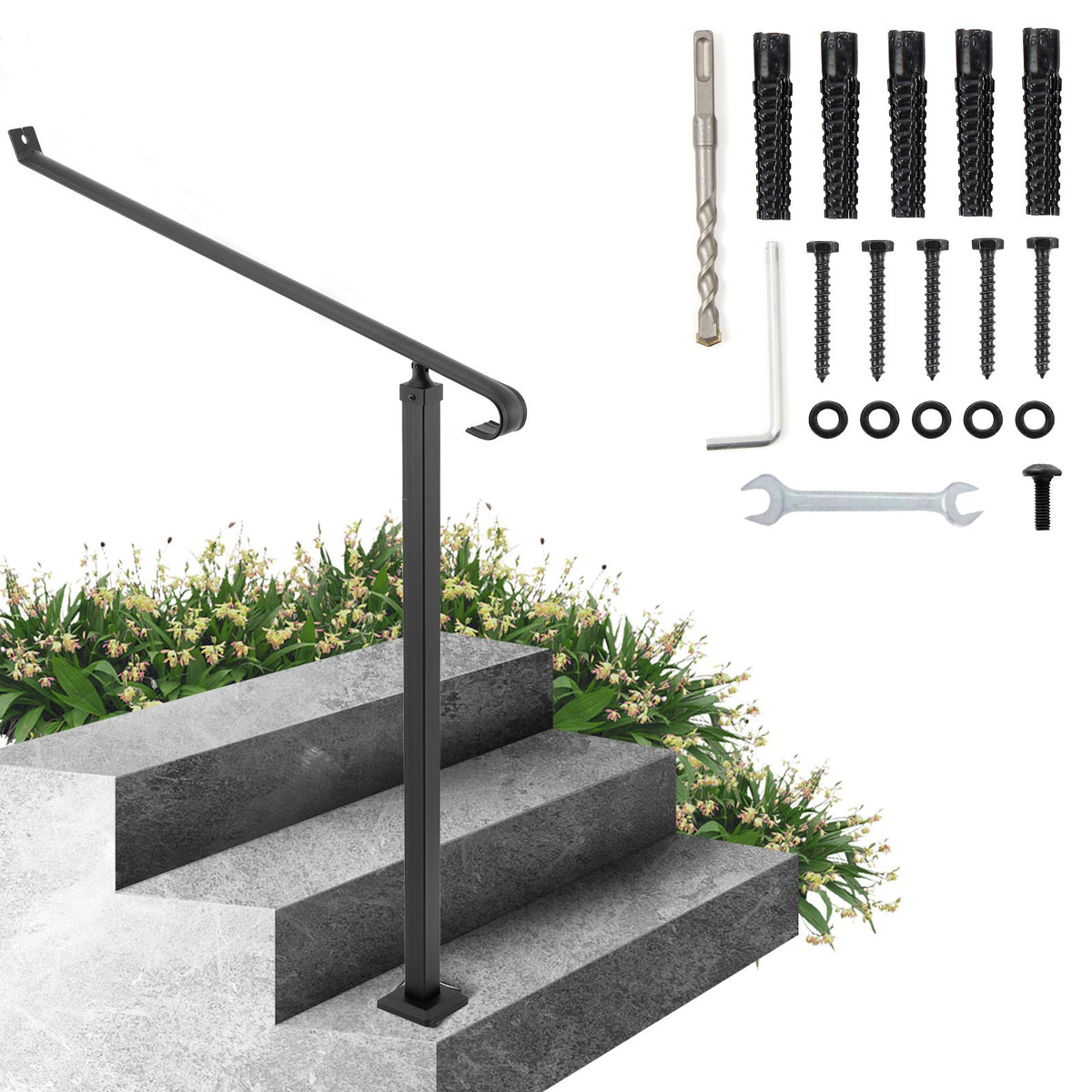VEVOR Outdoor Stair Handrail for Steps, Black, Installation  Outdoor Stair Handrail