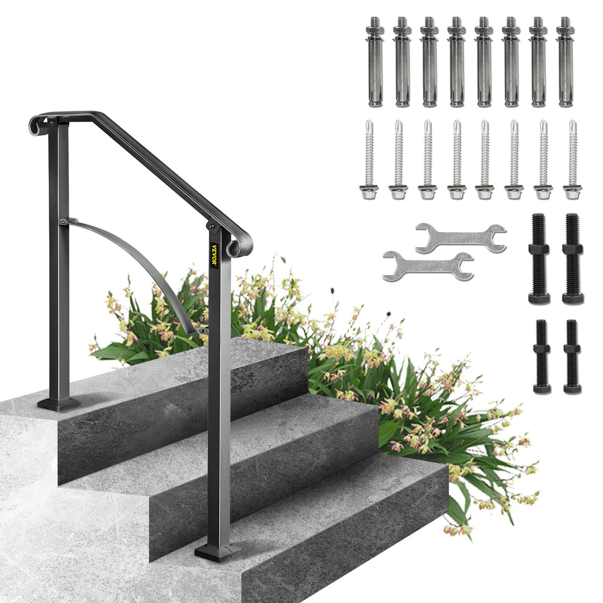 VEVOR Outdoor Stair Handrail, Black Wrought Iron, 1 to 5 Ste 2-3 Steps