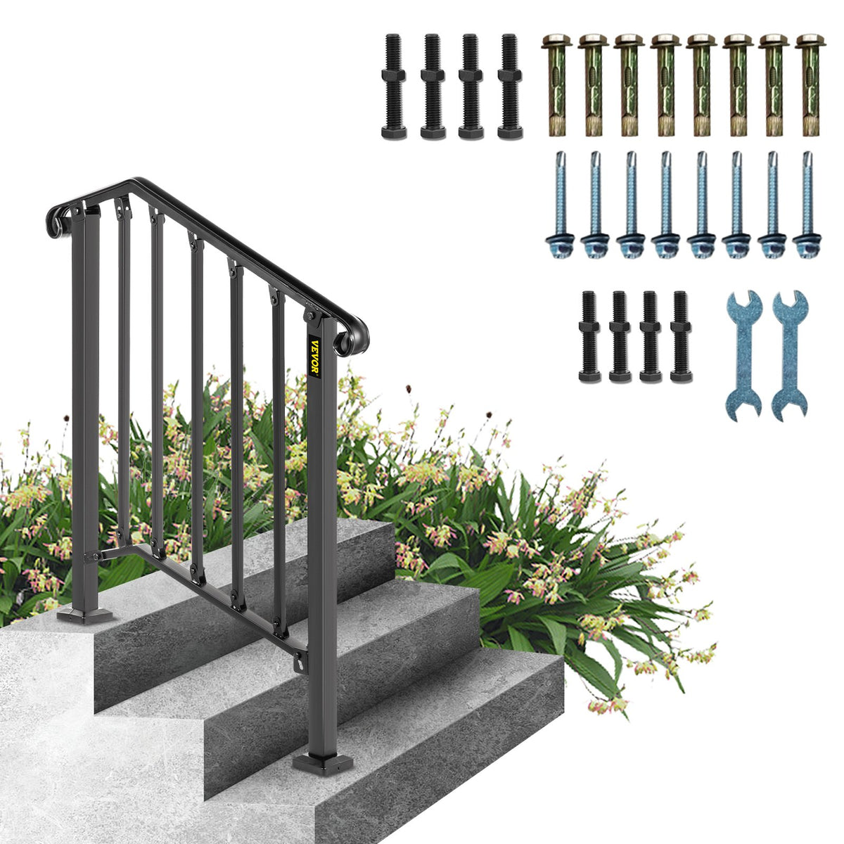 VEVOR Outdoor Stair Handrail, Wrought Iron, Black or White O 3 Steps / Black