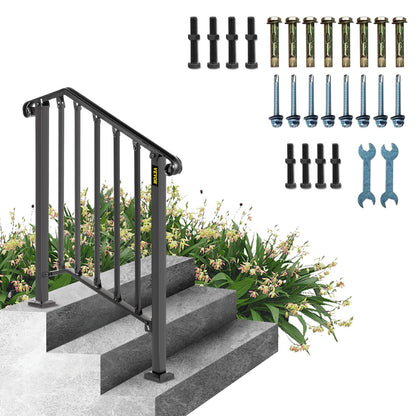 VEVOR Outdoor Stair Handrail, Wrought Iron, Black or White O 3 Steps / Black