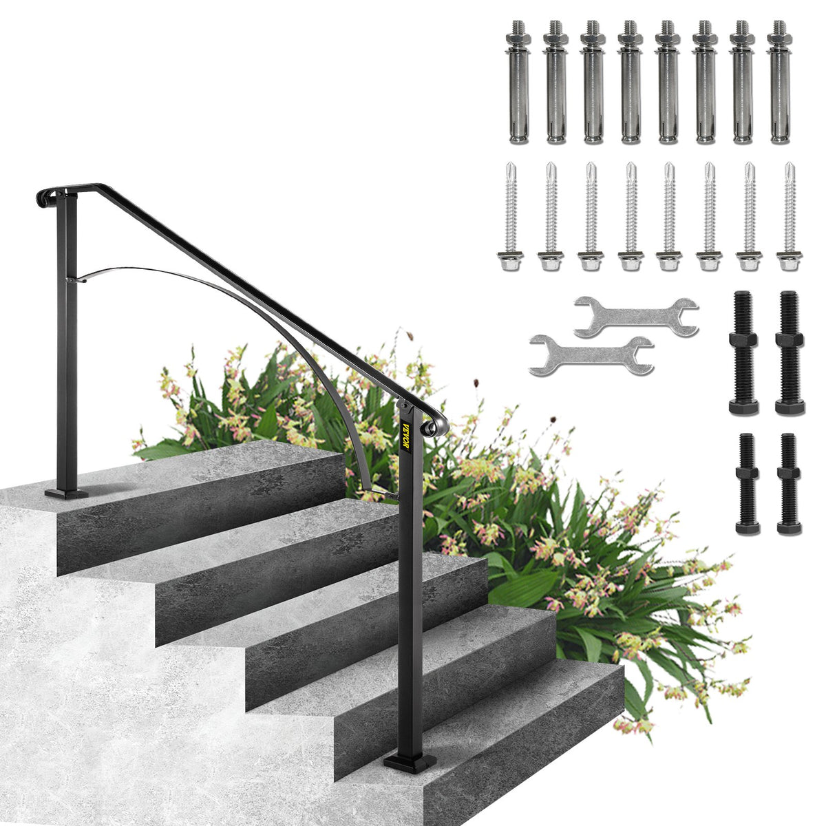 VEVOR Outdoor Stair Handrail, Black Wrought Iron, 1 to 5 Ste 4-5 Steps