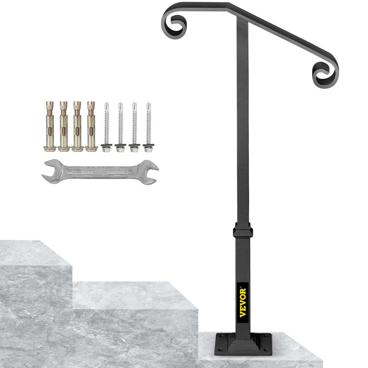 VEVOR Single-Post Stair Handrail, Wrought Iron, Base and Col With Base / Gray