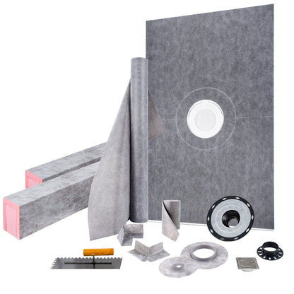 VEVOR Shower Curb Kit, Watertight Shower Curb Overlay and Shower Pan Kit with PVC Bonding Flange, Stainless Steel Grate, Waterproof Membrane, Cuttable Curbs, Slope Sticks and Trowel for Bathroom 48x72 inch Hole Central