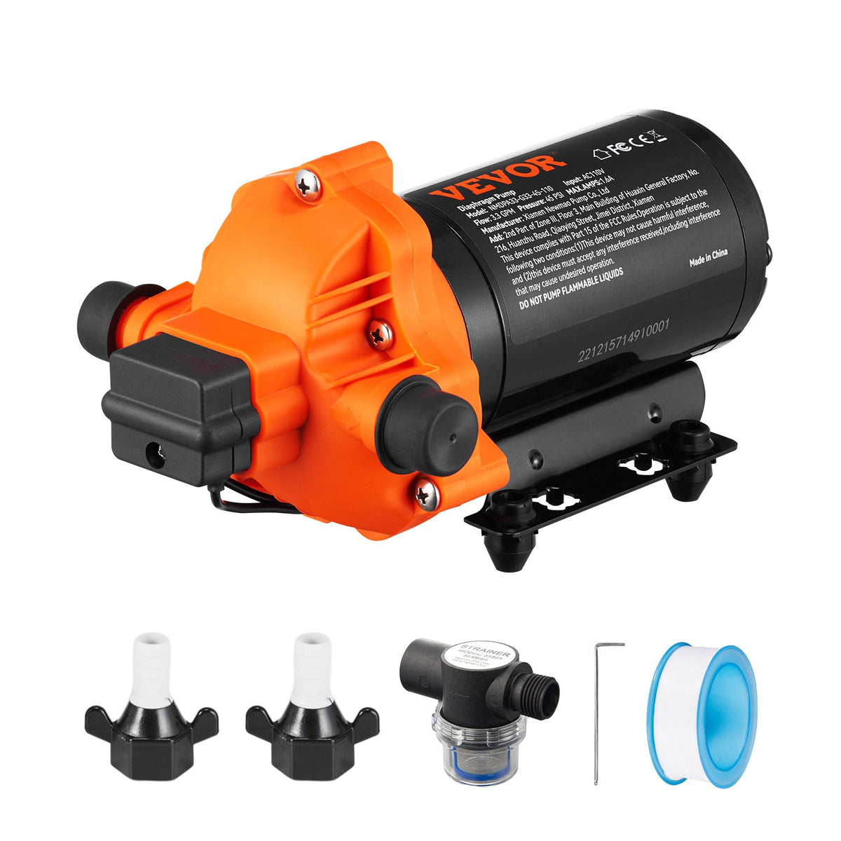 VEVOR Water Pump, 12V DC / 110V Self Priming Diaphragm & Dec Diaphragm Pump - 110V AC, 3.3 GPM, 45 PSI