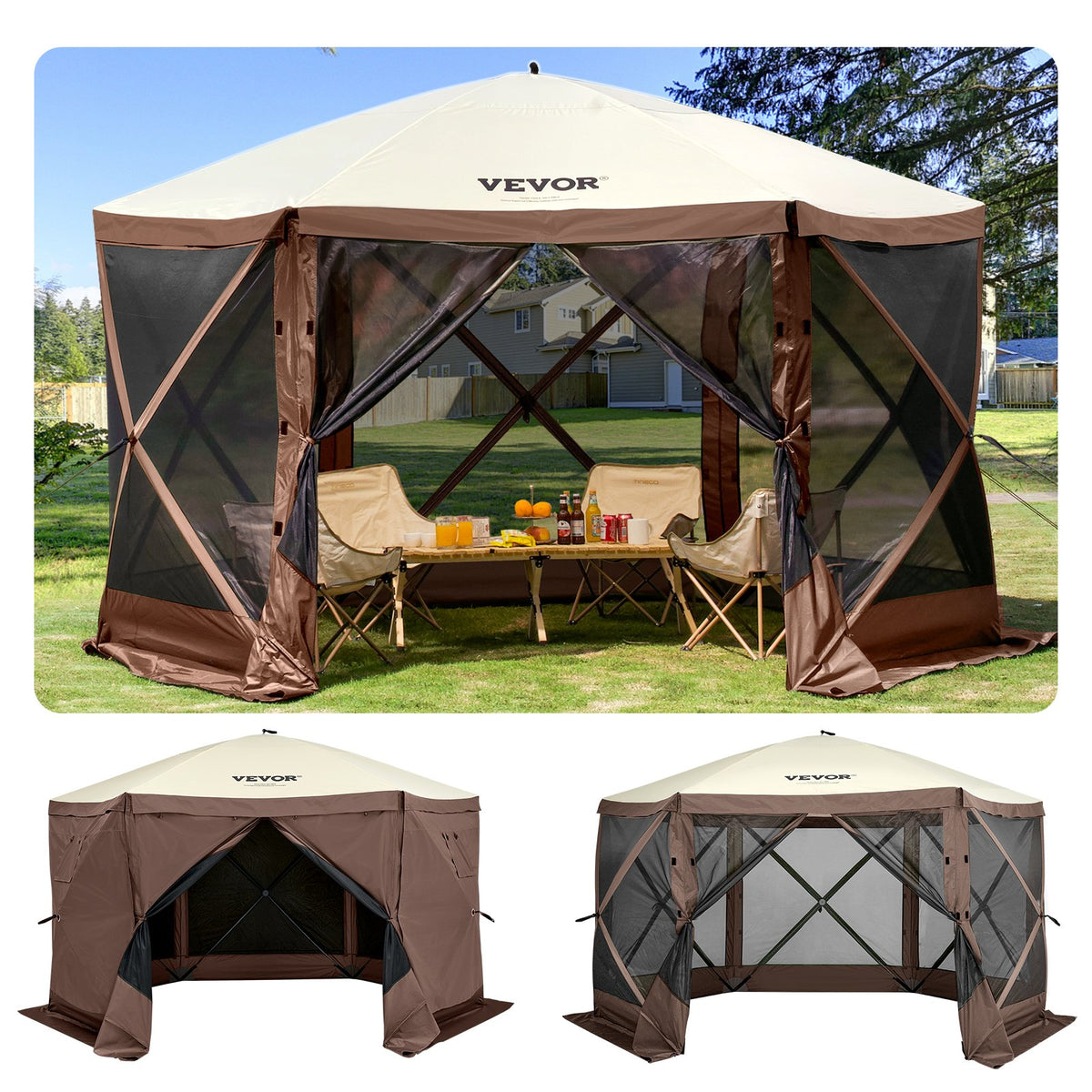 VEVOR Pop Up Gazebo Tent, Pop-Up Screen Canopy Sun Shelter w Brown / 12 x 12 ft