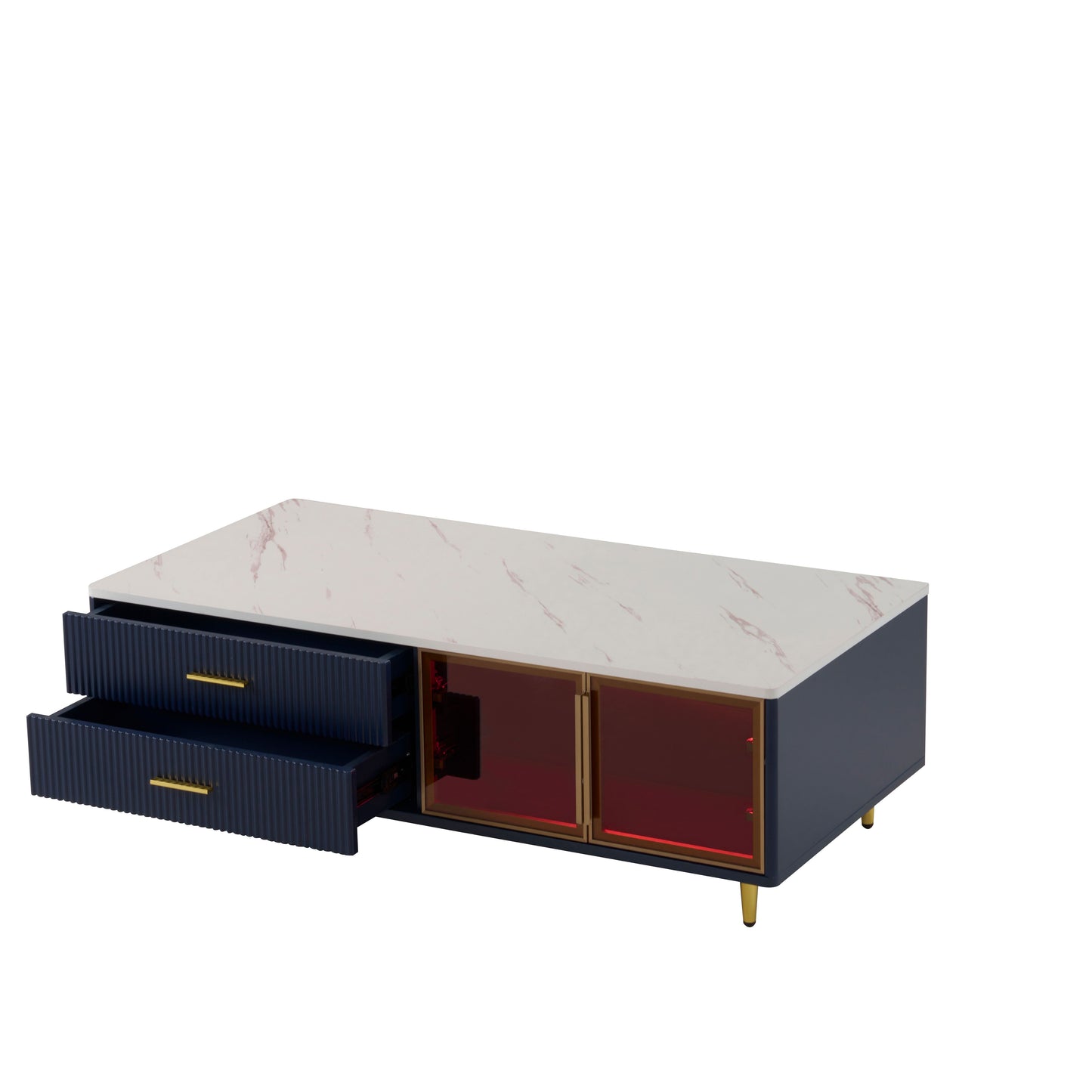 Modern Navy Blue Coffee Table with 2 Glass Door Storage, 4 Drawers, Gold Metal Legs, and Multi-Color Lighting in 47.2'' image 10