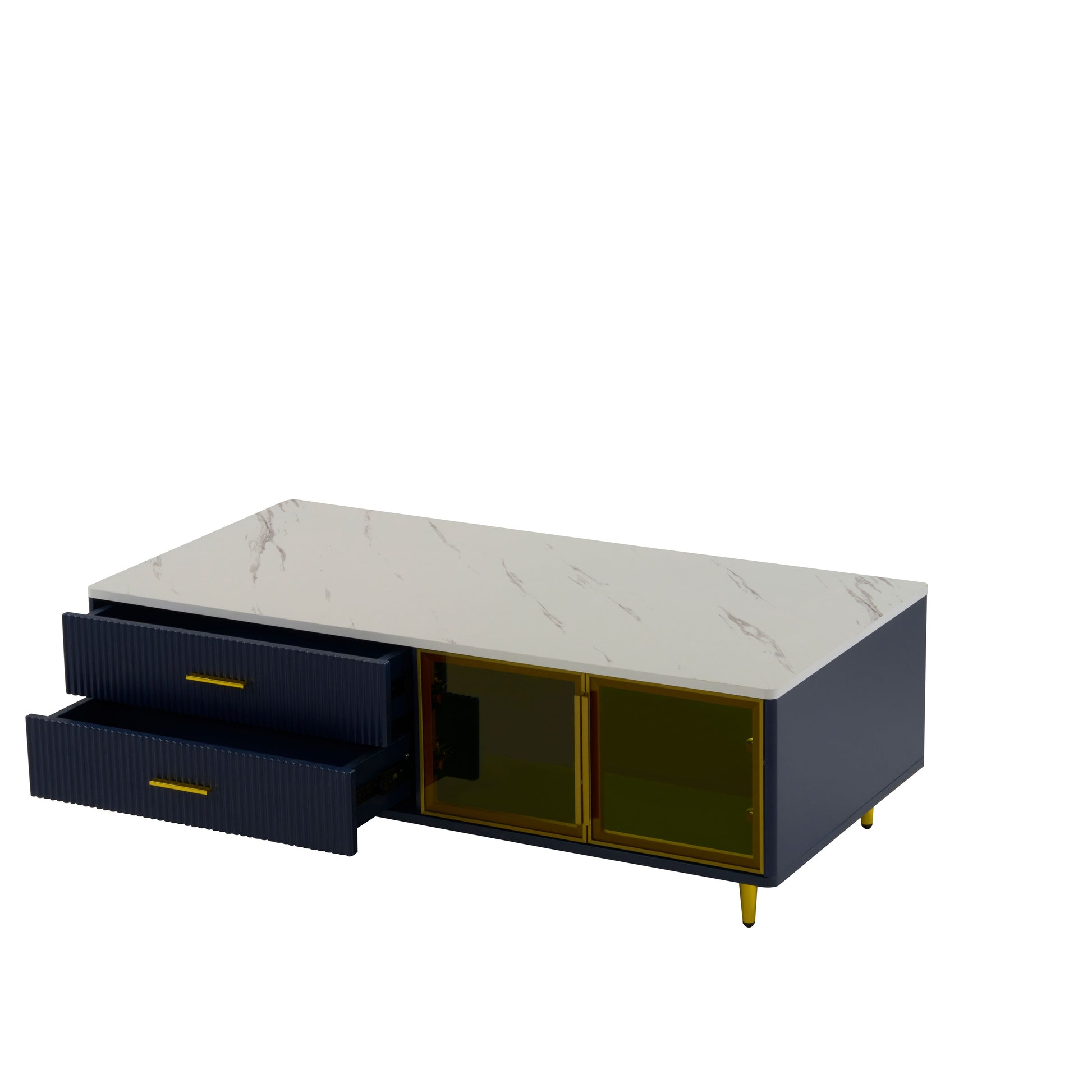 Modern Navy Blue Coffee Table with 2 Glass Door Storage, 4 Drawers, Gold Metal Legs, and Multi-Color Lighting in 47.2'' image 11