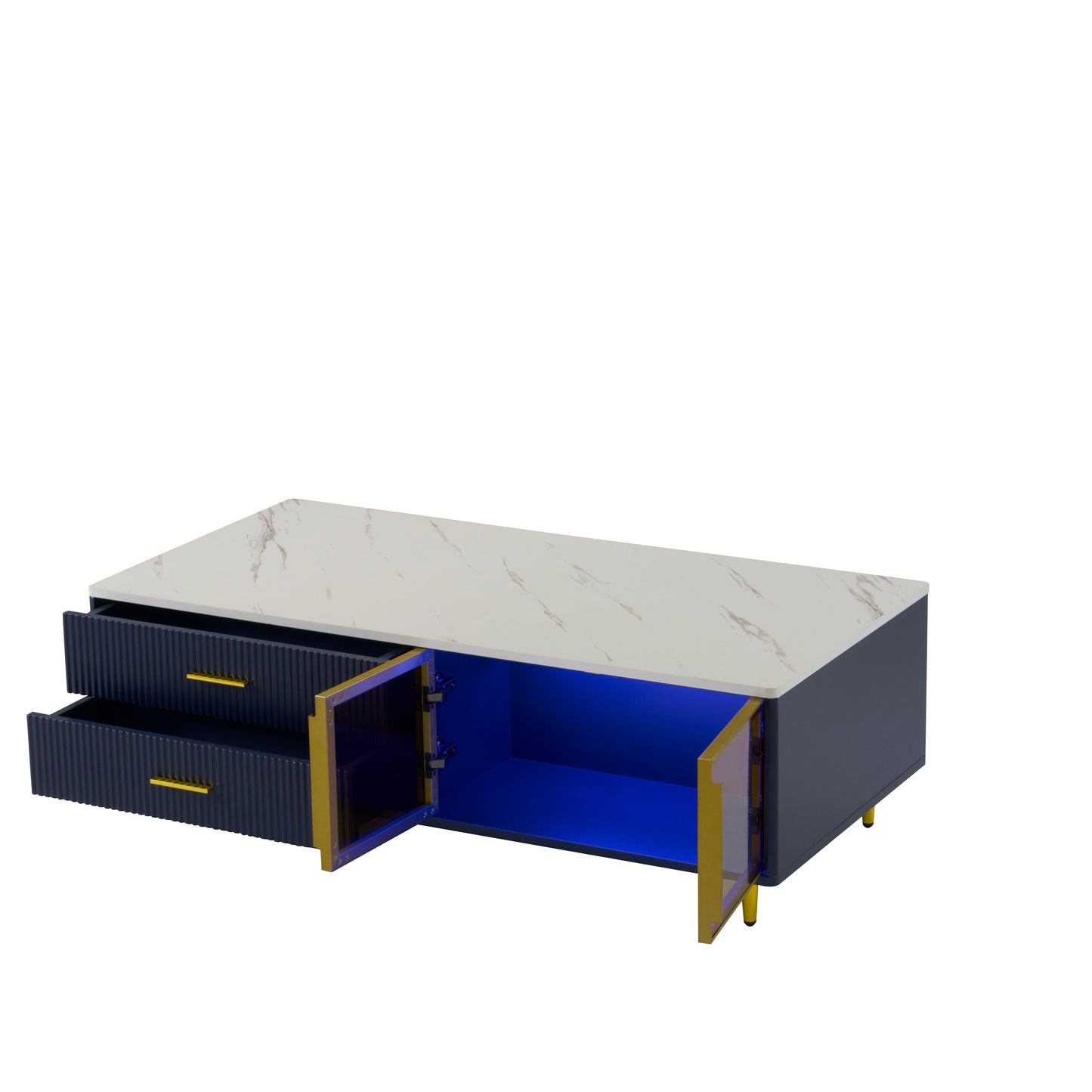 Modern Navy Blue Coffee Table with 2 Glass Door Storage, 4 Drawers, Gold Metal Legs, and Multi-Color Lighting in 47.2'' image 12
