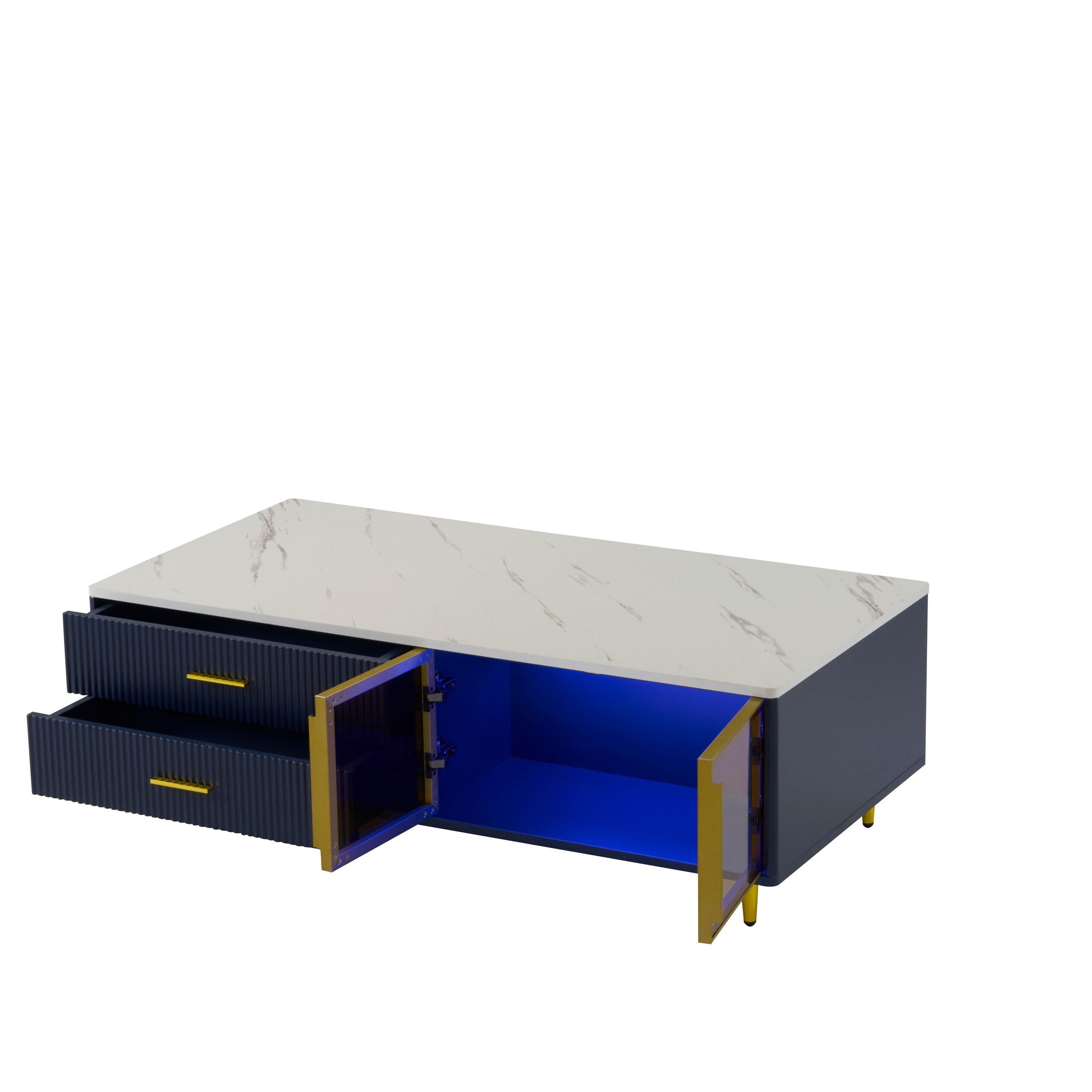 Modern Navy Blue Coffee Table with 2 Glass Door Storage, 4 Drawers, Gold Metal Legs, and Multi-Color Lighting in 47.2'' image 12