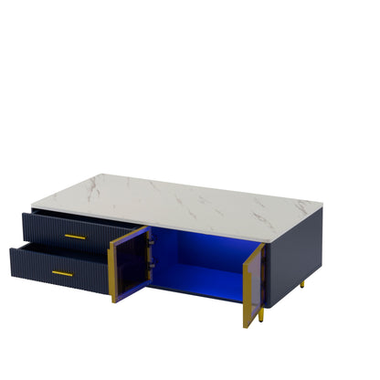 Modern Navy Blue Coffee Table with 2 Glass Door Storage, 4 Drawers, Gold Metal Legs, and Multi-Color Lighting in 47.2'' image 12