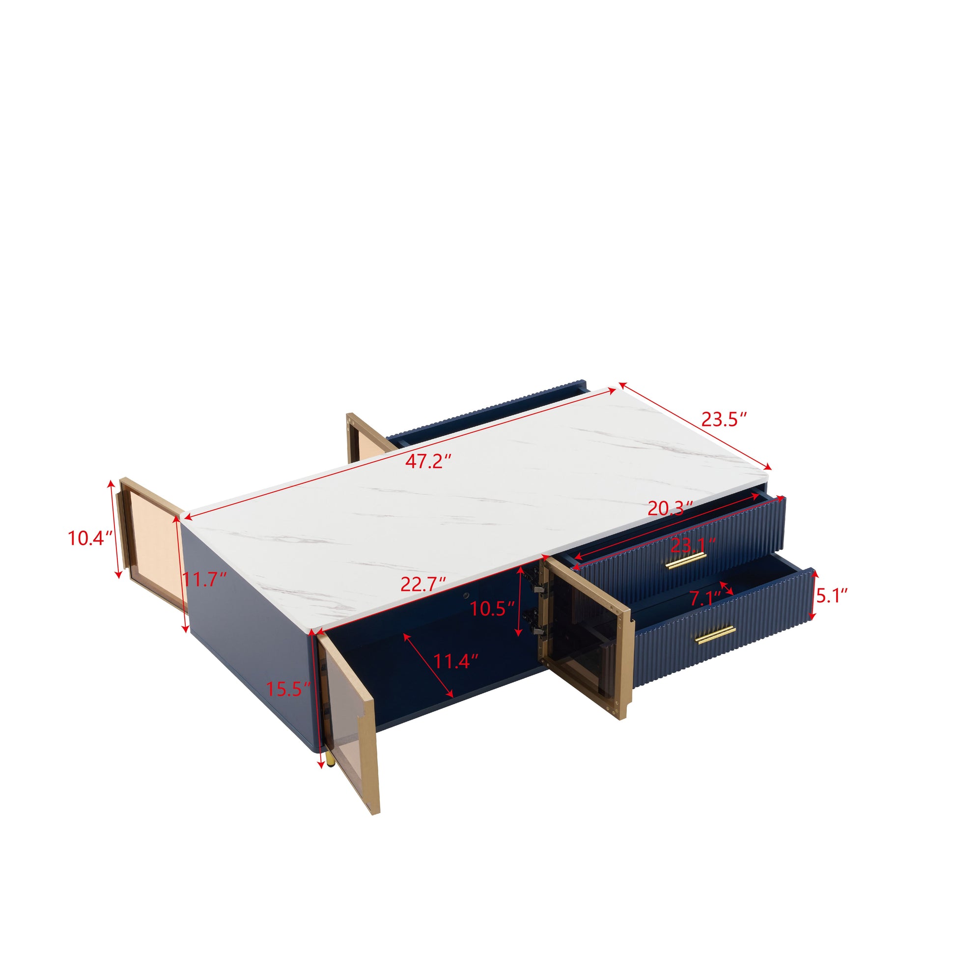 Modern Navy Blue Coffee Table with 2 Glass Door Storage, 4 Drawers, Gold Metal Legs, and Multi-Color Lighting in 47.2'' image 8