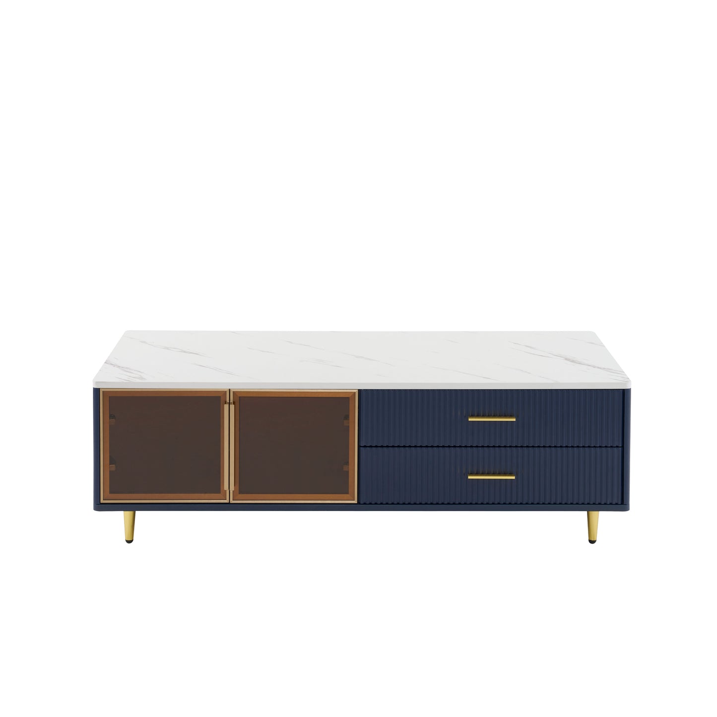 Modern Navy Blue Coffee Table with 2 Glass Door Storage, 4 Drawers, Gold Metal Legs, and Multi-Color Lighting in 47.2'' image 9