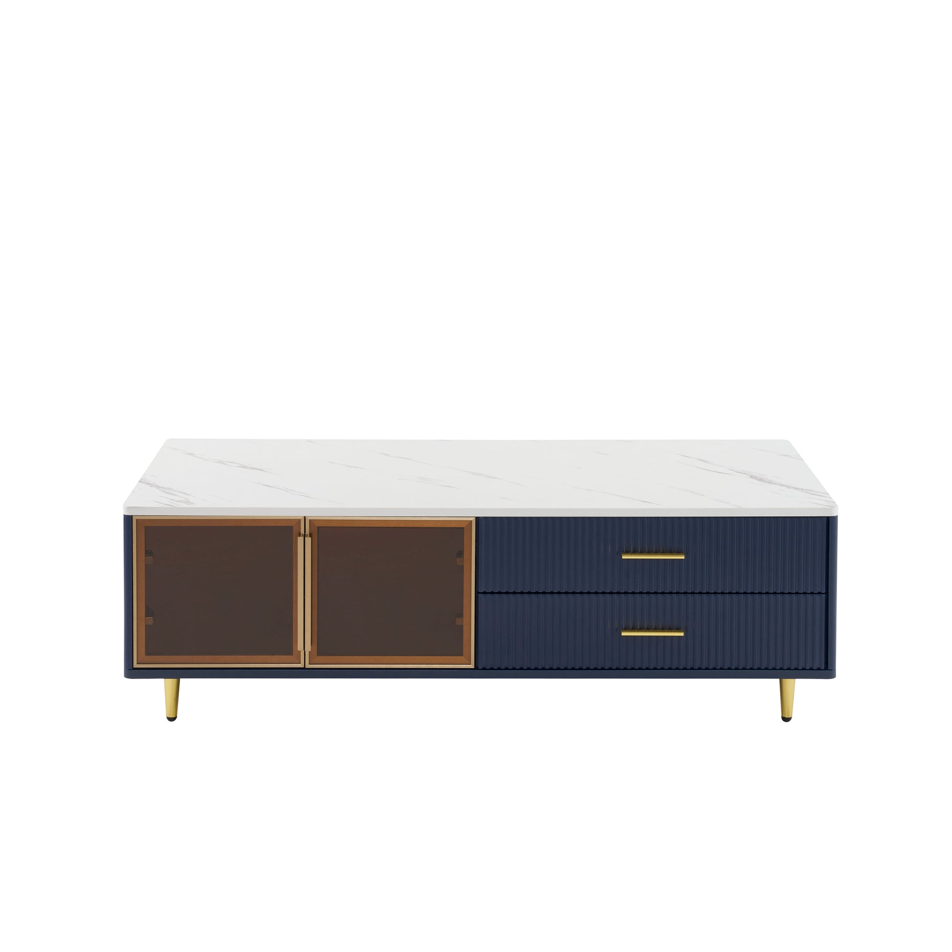 Modern Navy Blue Coffee Table with 2 Glass Door Storage, 4 Drawers, Gold Metal Legs, and Multi-Color Lighting in 47.2'' image 9
