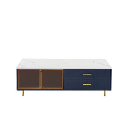 Modern Navy Blue Coffee Table with 2 Glass Door Storage, 4 Drawers, Gold Metal Legs, and Multi-Color Lighting in 47.2'' image 9