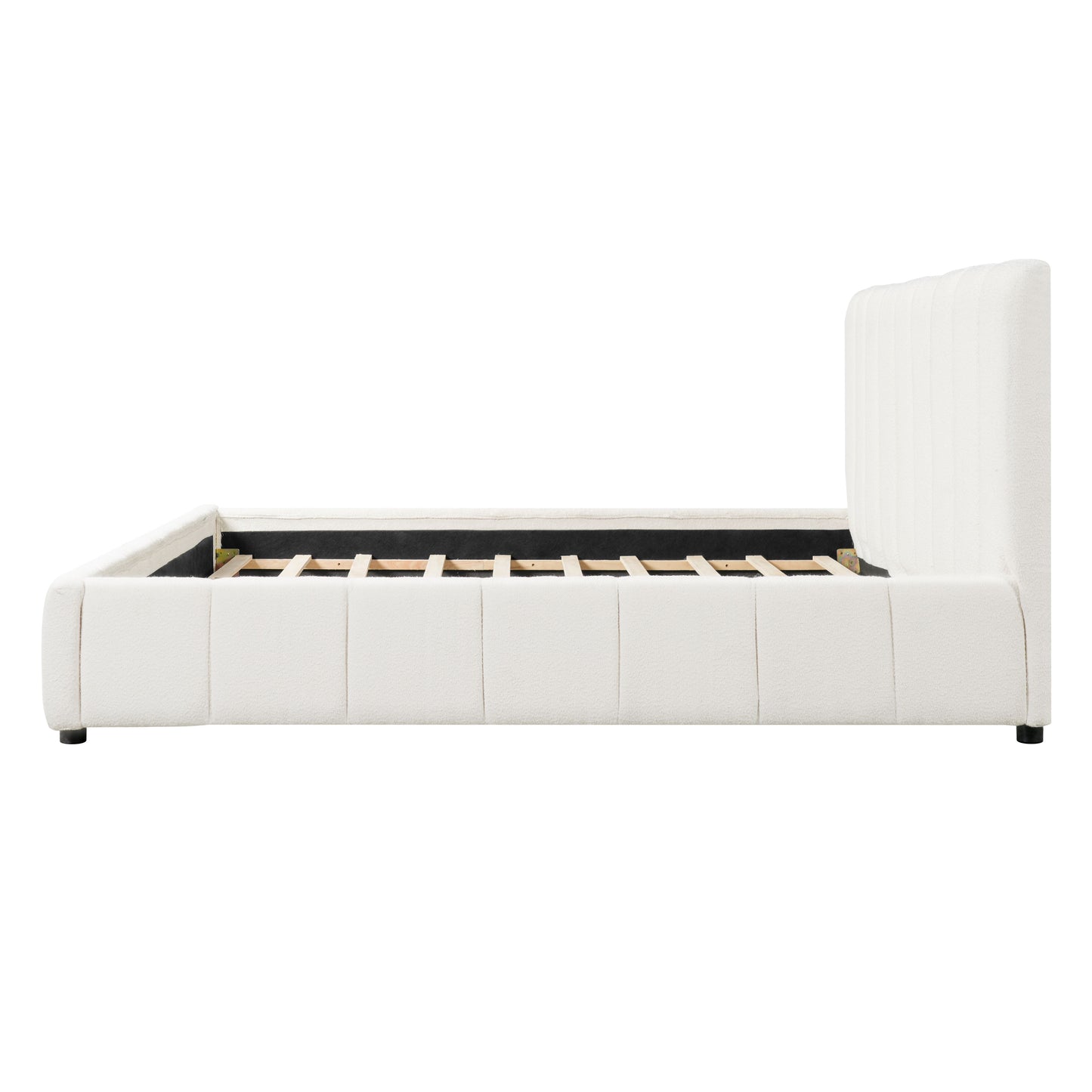 King Size Upholstered Bed Frame With Boucle Fabric And Thick Headboard, Off white image 7