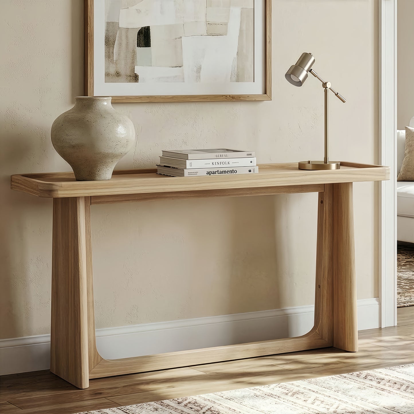 Farmhouse Console Table with Tray Top Design, Solid Wood Frame for Entryway, Living Room or Sofa Back, Natural image 1