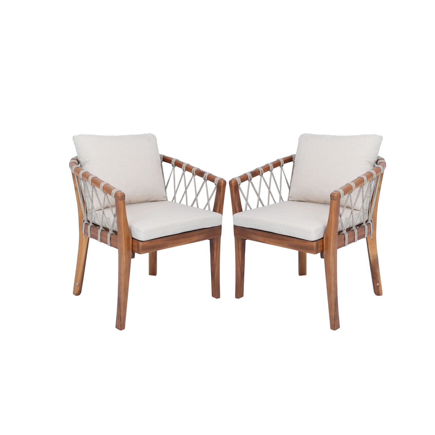 Outdoor Dining Chairs set for 2, Acacia Wood Frame with Teak Finish, Multi Brown Rope Weave, Water Repellent Beige Cushion, Patio Bistro Chairs for Backyard Garden Balcony image 7