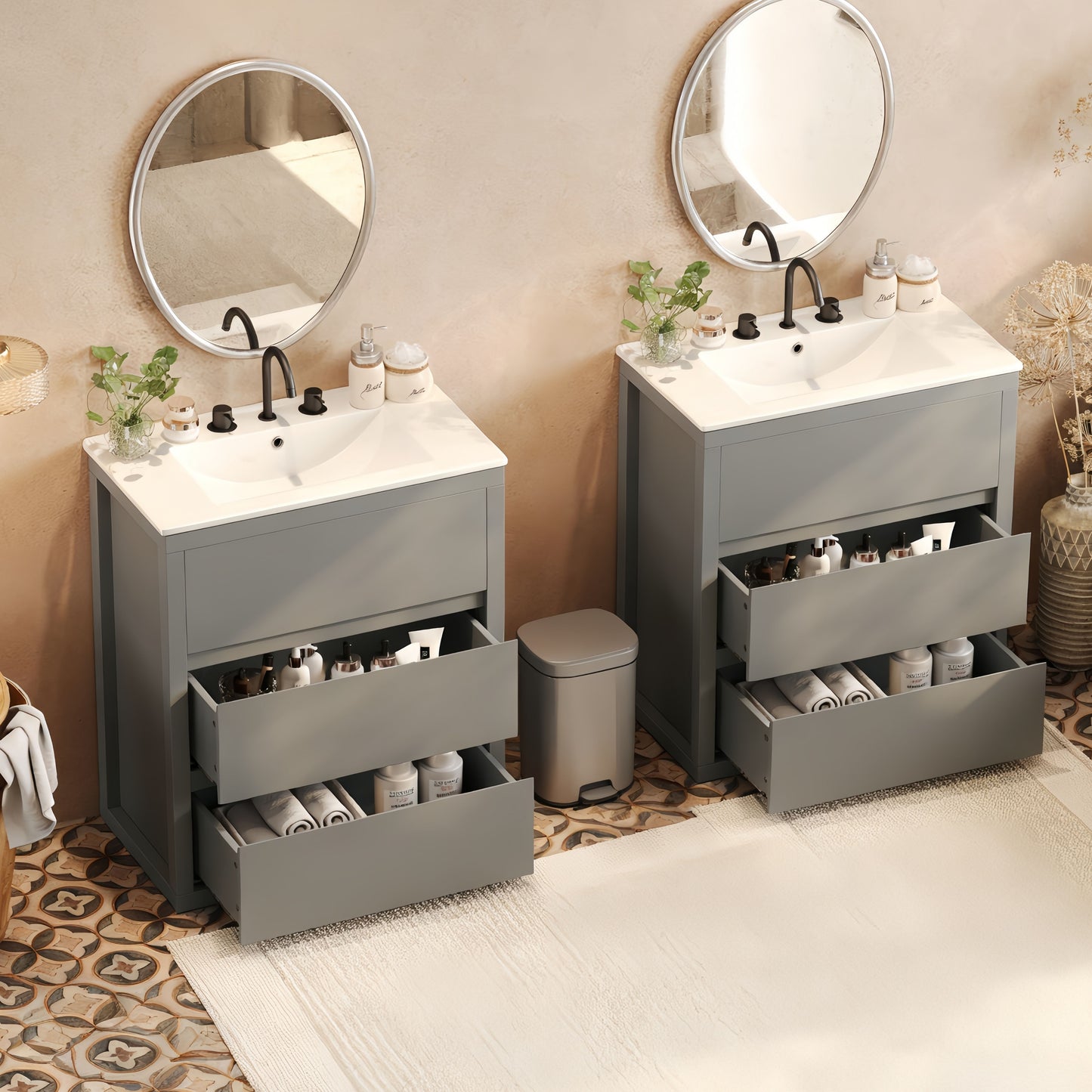 60" Double Sinks Bathroom Vanity Set, Bathroom Cabinet with Two Separate Ceramic Sinks, Full-Extension Drawers & Soft Close Undermount Drawer Slides, Gray image 2