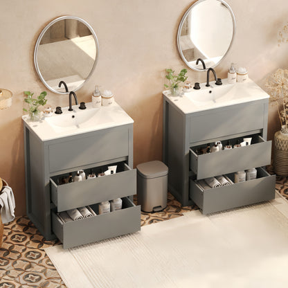 60" Double Sinks Bathroom Vanity Set, Bathroom Cabinet with Two Separate Ceramic Sinks, Full-Extension Drawers & Soft Close Undermount Drawer Slides, Gray image 2