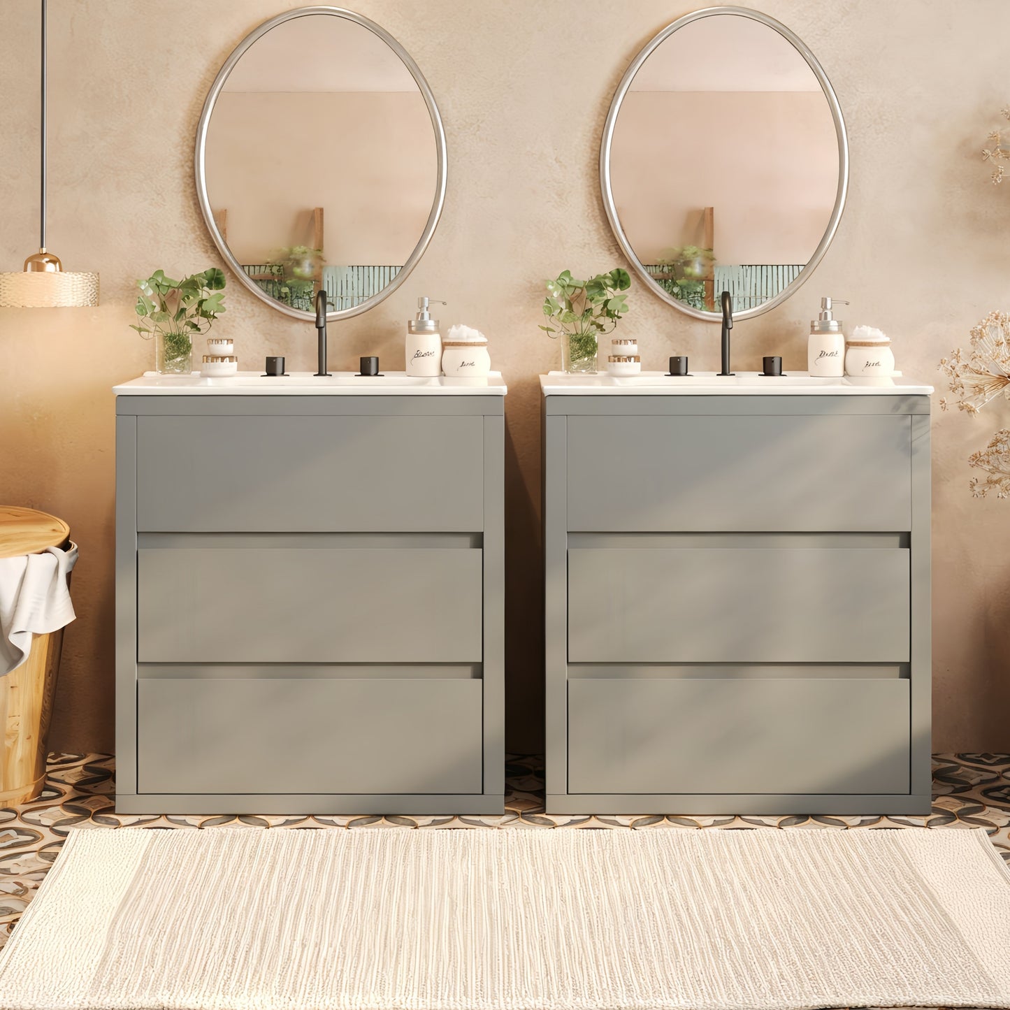 60" Double Sinks Bathroom Vanity Set, Bathroom Cabinet with Two Separate Ceramic Sinks, Full-Extension Drawers & Soft Close Undermount Drawer Slides, Gray image 3