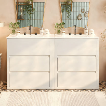 60" Double Sinks Bathroom Vanity Set, Bathroom Cabinet with Two Separate Ceramic Sinks, Full-Extension Drawers & Soft Close Undermount Drawer Slides, White image 1