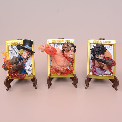 ZF One Piece Frame Luffy Ace Sabo Stand Set Creative Ornament 3D Fridge Magnet - One Piece Figure