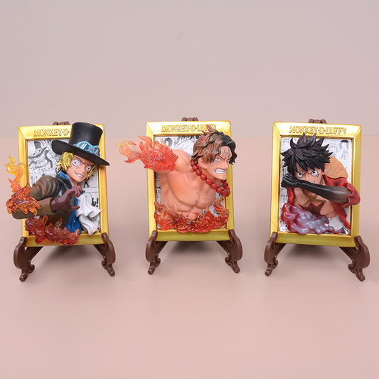 ZF One Piece Frame Luffy Ace Sabo Stand Set Creative Ornament 3D Fridge Magnet - One Piece Figure