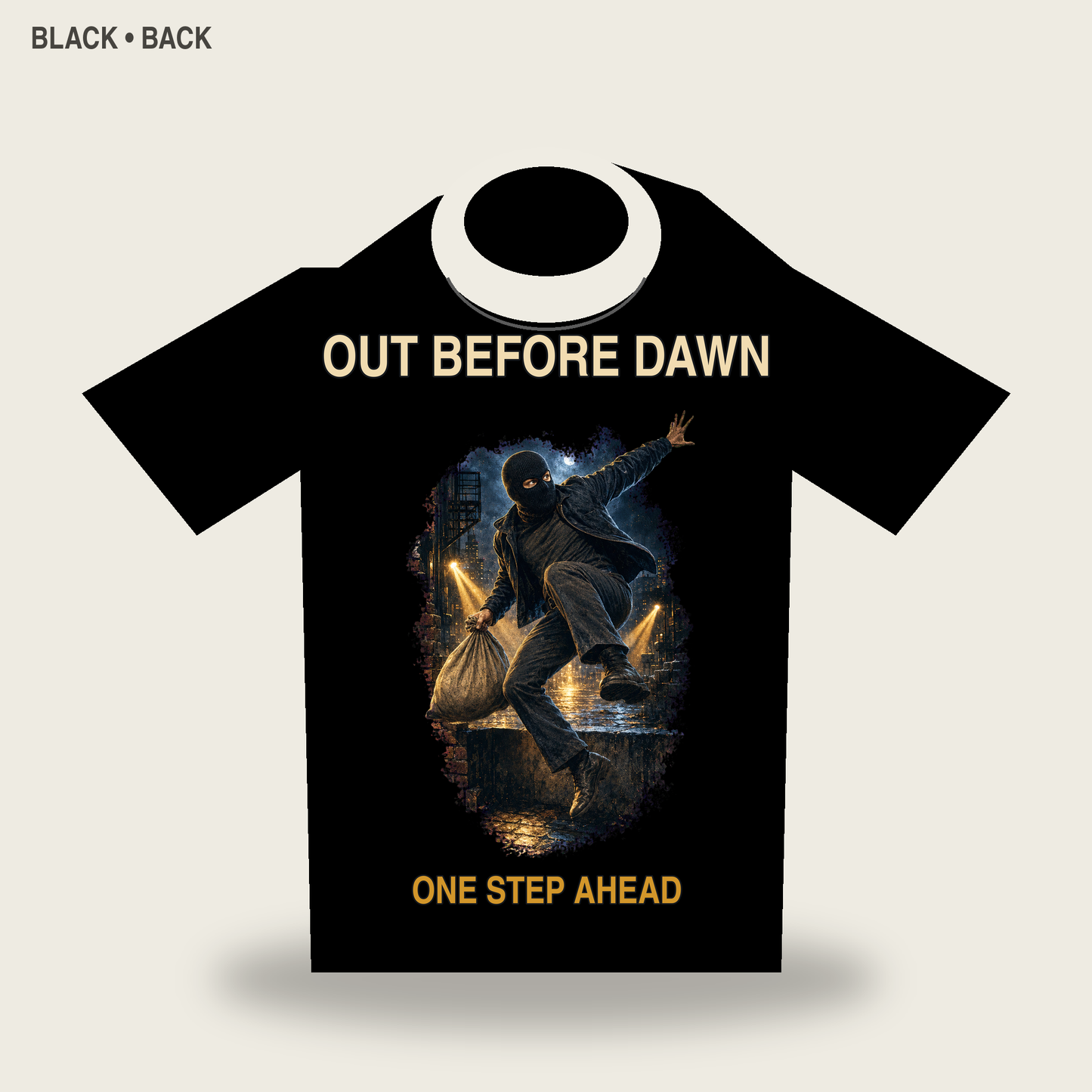 Out Before Dawn Cinematic Masked Getaway Graphic T-Shirt - POD-20260728-044_black_back_mockup