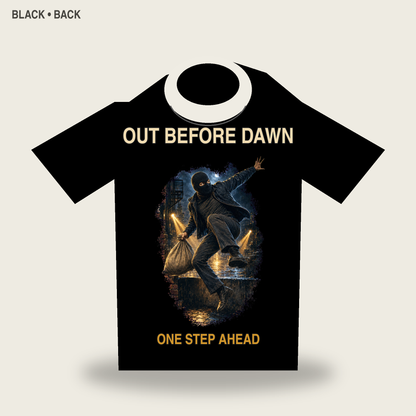 Out Before Dawn Cinematic Masked Getaway Graphic T-Shirt - POD-20260728-044_black_back_mockup