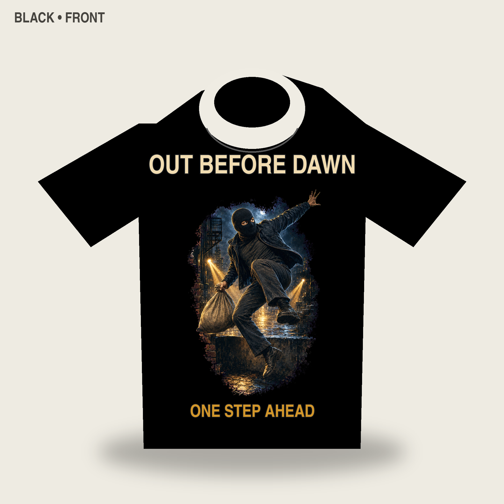 Out Before Dawn Cinematic Masked Getaway Graphic T-Shirt - POD-20260728-044_black_front_mockup