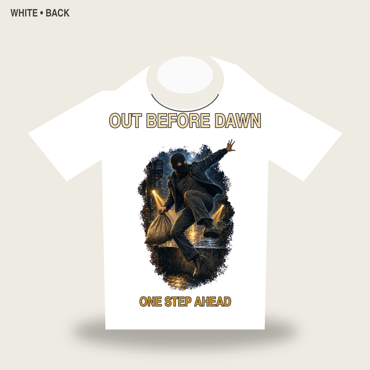 Out Before Dawn Cinematic Masked Getaway Graphic T-Shirt - POD-20260728-044_white_back_mockup