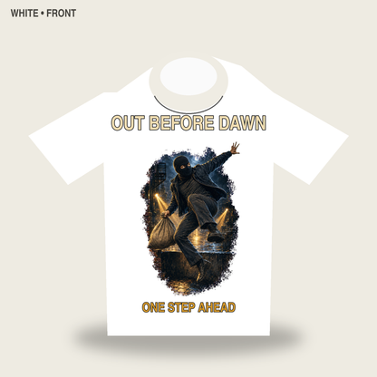 Out Before Dawn Cinematic Masked Getaway Graphic T-Shirt - POD-20260728-044_white_front_mockup