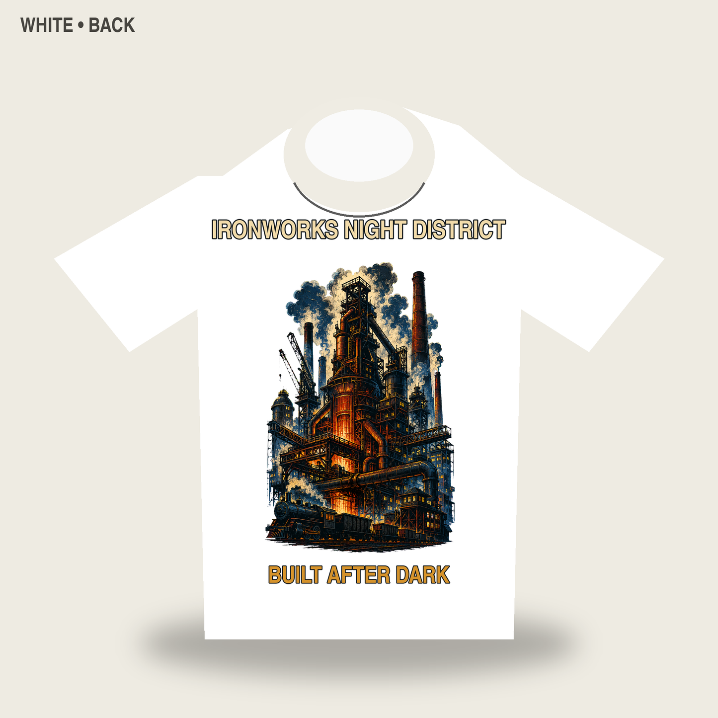 Ironworks Night District Vintage Industrial City Graphic T-Shirt - POD-20260728-045_white_back_mockup