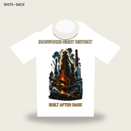 Ironworks Night District Vintage Industrial City Graphic T-Shirt - POD-20260728-045_white_back_mockup