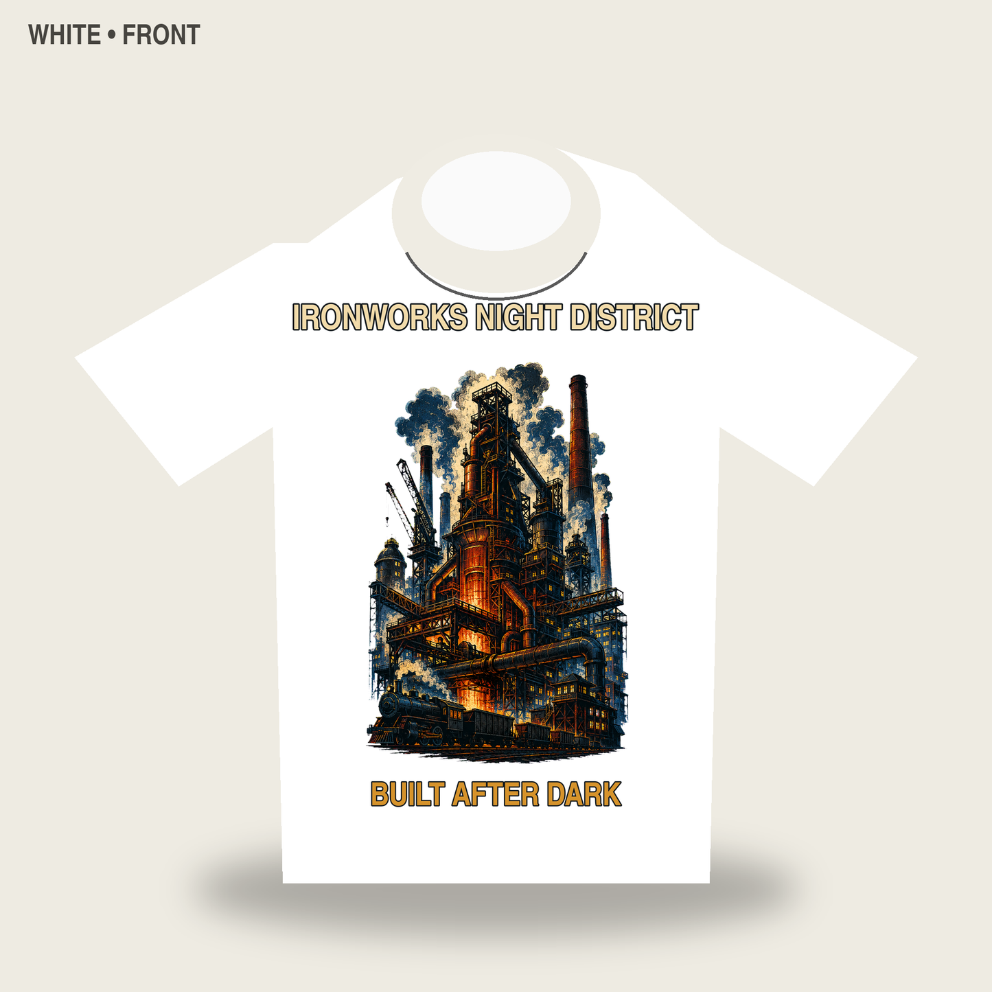 Ironworks Night District Vintage Industrial City Graphic T-Shirt - POD-20260728-045_white_front_mockup