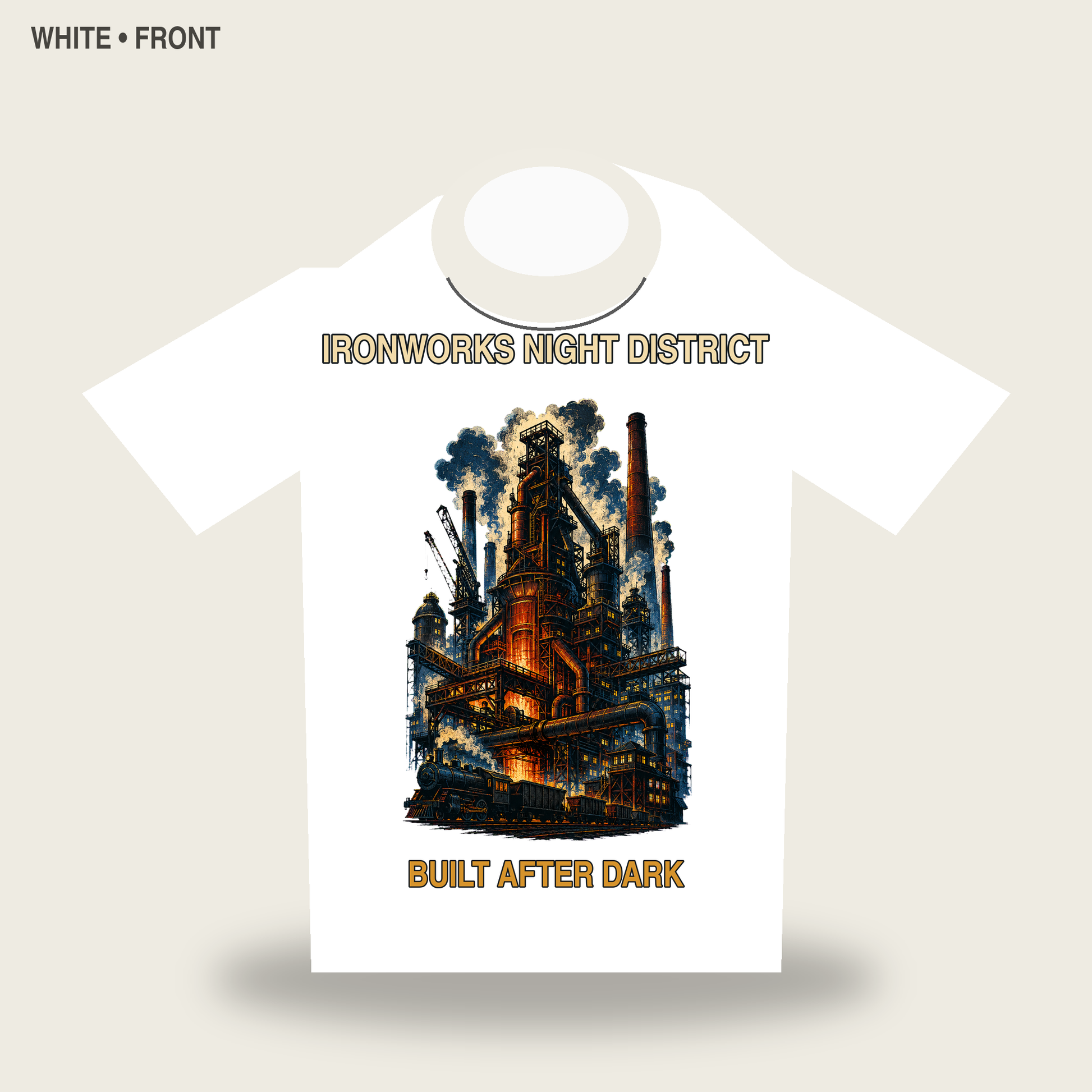 Ironworks Night District Vintage Industrial City Graphic T-Shirt - POD-20260728-045_white_front_mockup