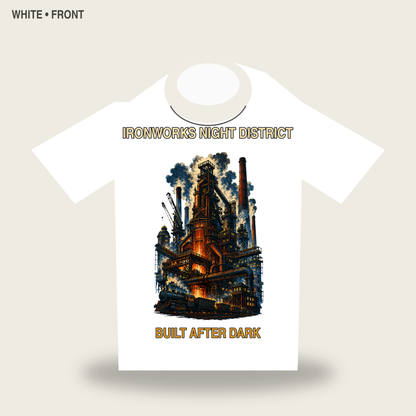 Ironworks Night District Vintage Industrial City Graphic T-Shirt - POD-20260728-045_white_front_mockup