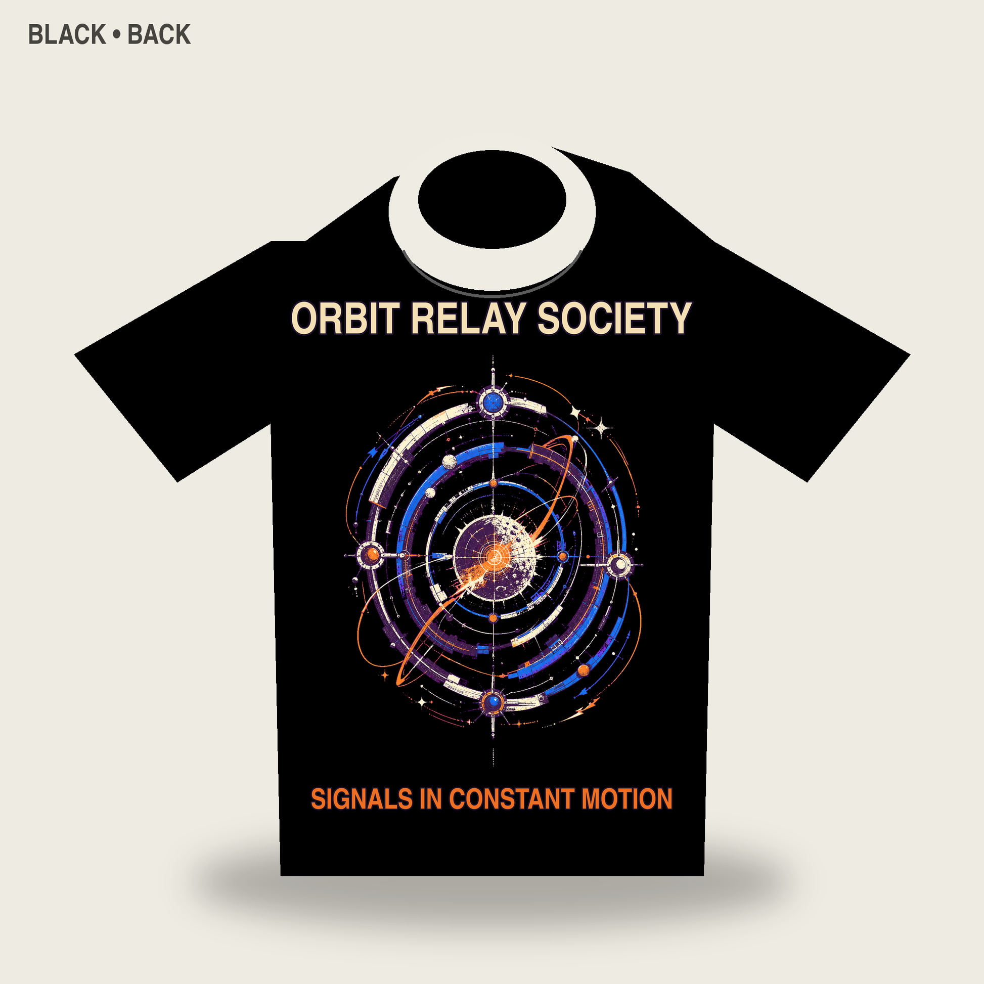 Orbit Relay Society Retro Futurist Graphic T-Shirt - POD-20260728-048_black_back_mockup