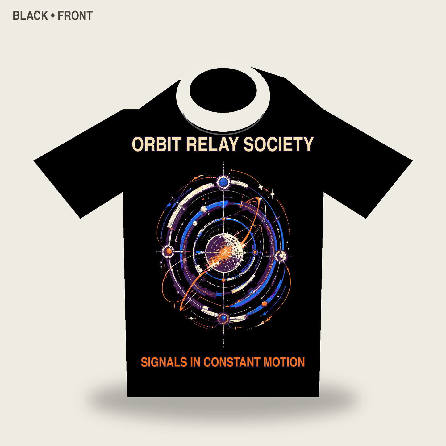 Orbit Relay Society Retro Futurist Graphic T-Shirt - POD-20260728-048_black_front_mockup