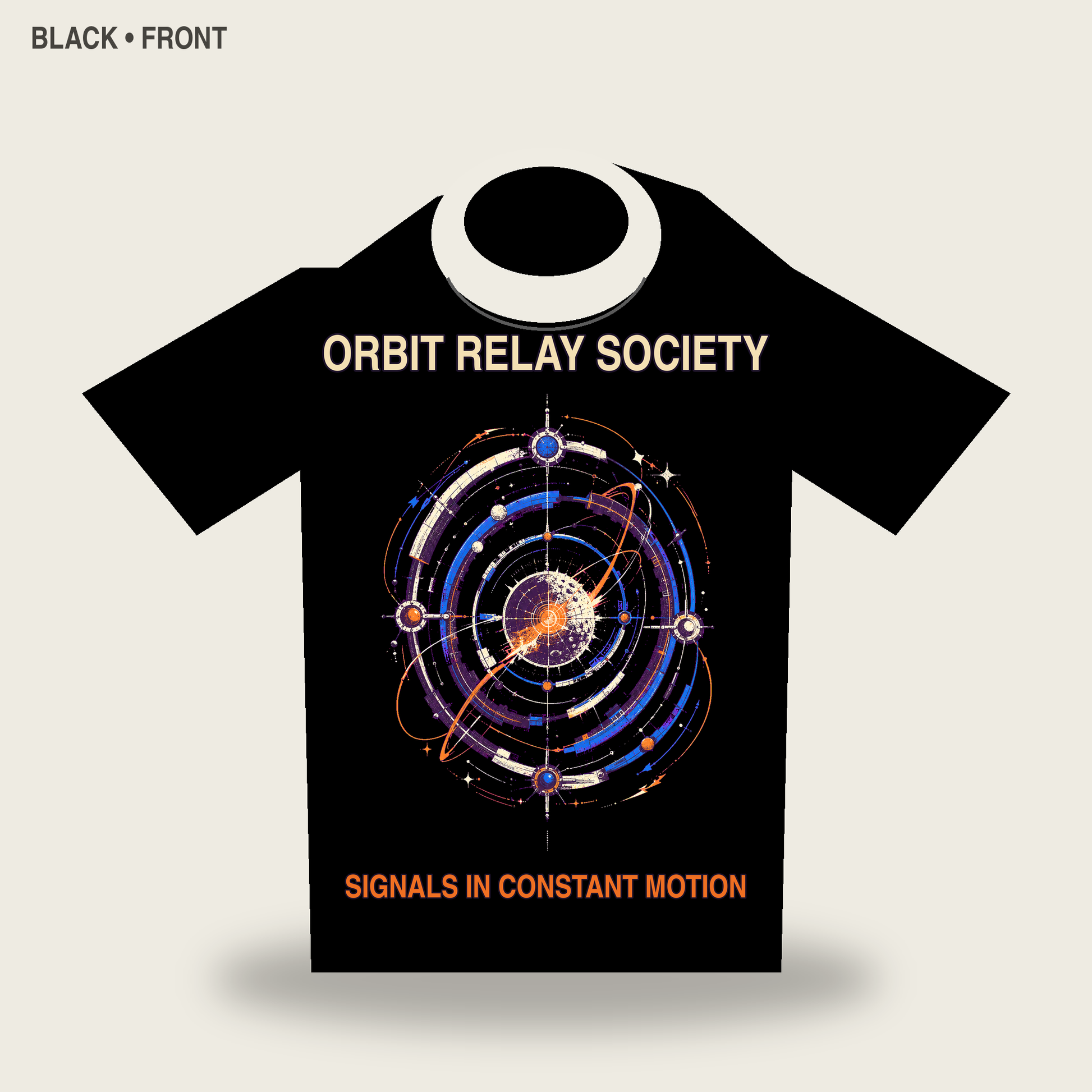 Orbit Relay Society Retro Futurist Graphic T-Shirt - POD-20260728-048_black_front_mockup