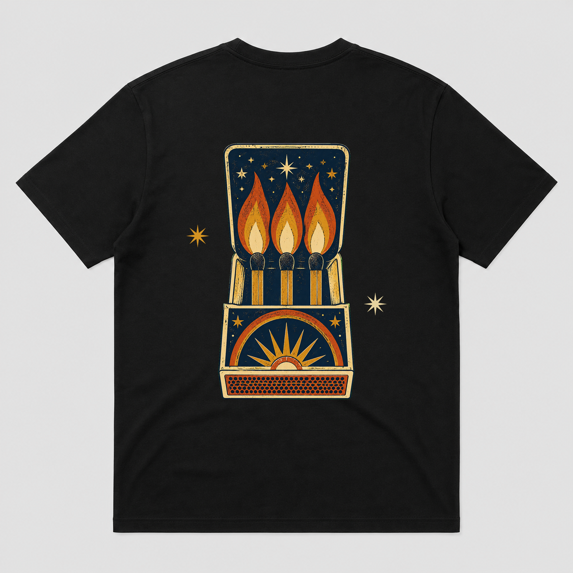 Night Flame Matchbook Retro Graphic T-Shirt, Unisex Vintage Celestial Tee - POD-20260728-050_black_back_mockup