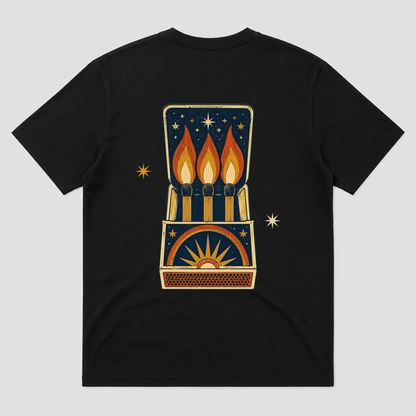 Night Flame Matchbook Retro Graphic T-Shirt, Unisex Vintage Celestial Tee - POD-20260728-050_black_back_mockup