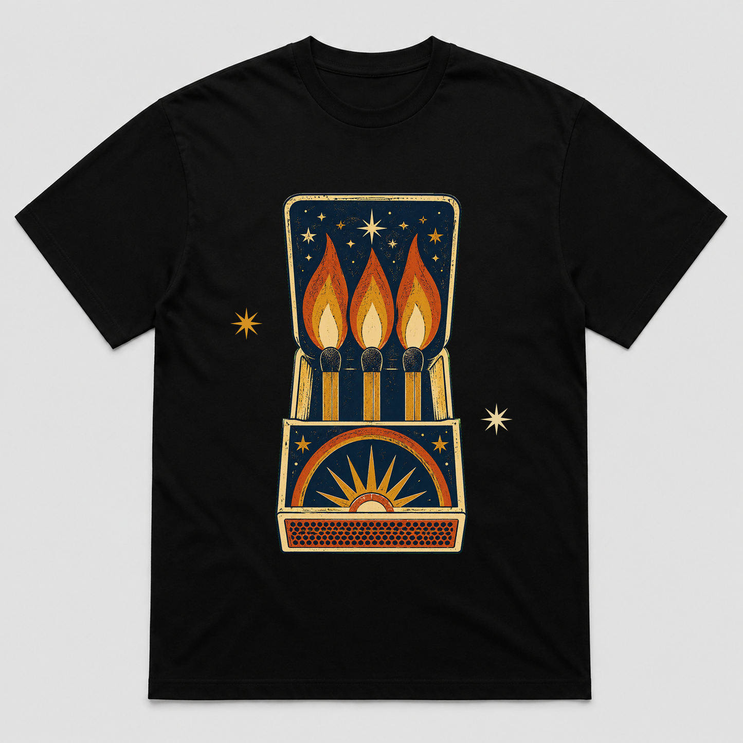 Night Flame Matchbook Retro Graphic T-Shirt, Unisex Vintage Celestial Tee - POD-20260728-050_black_front_mockup