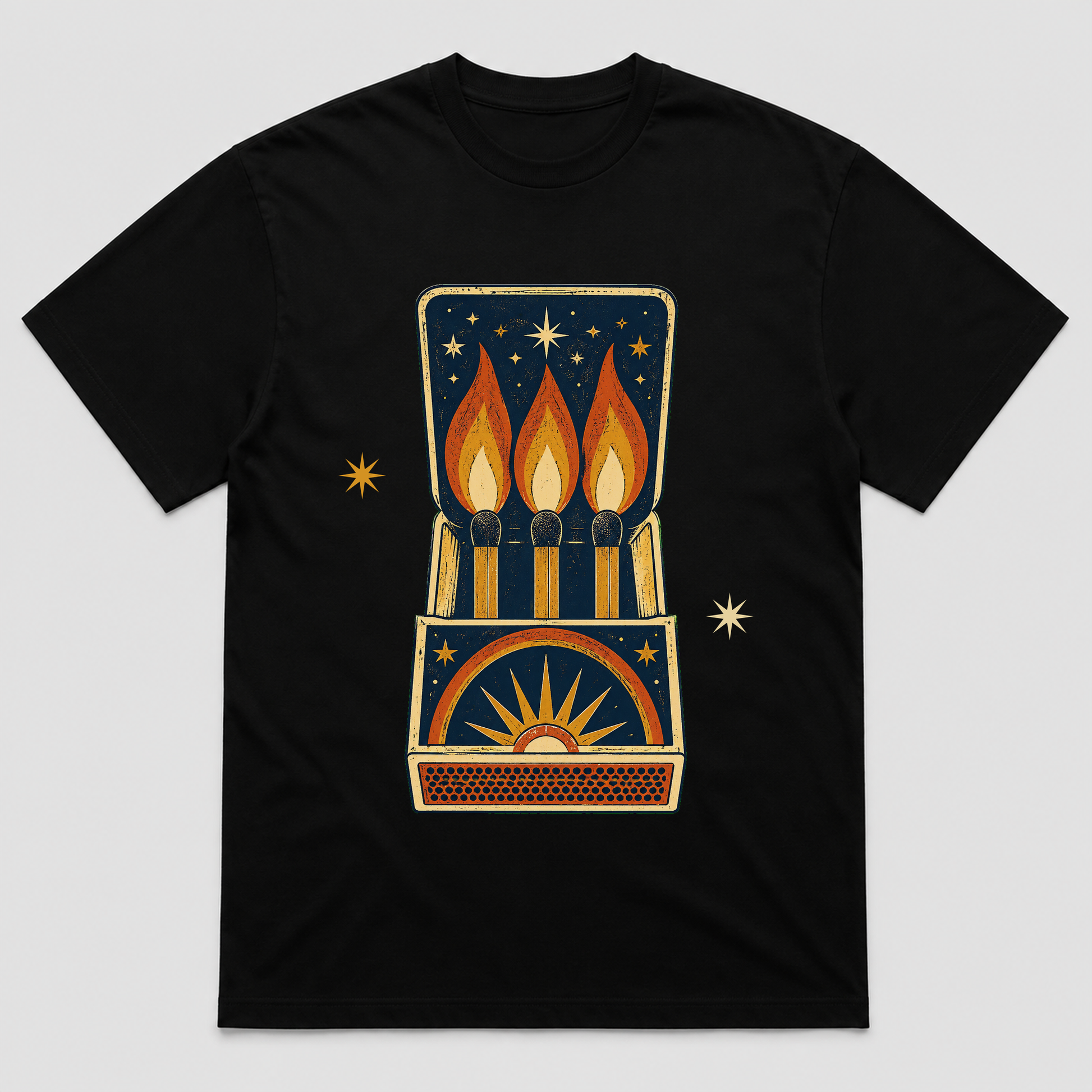 Night Flame Matchbook Retro Graphic T-Shirt, Unisex Vintage Celestial Tee - POD-20260728-050_black_front_mockup