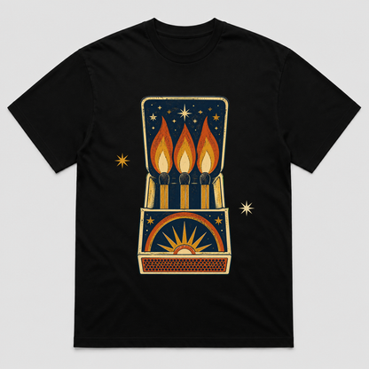 Night Flame Matchbook Retro Graphic T-Shirt, Unisex Vintage Celestial Tee - POD-20260728-050_black_front_mockup